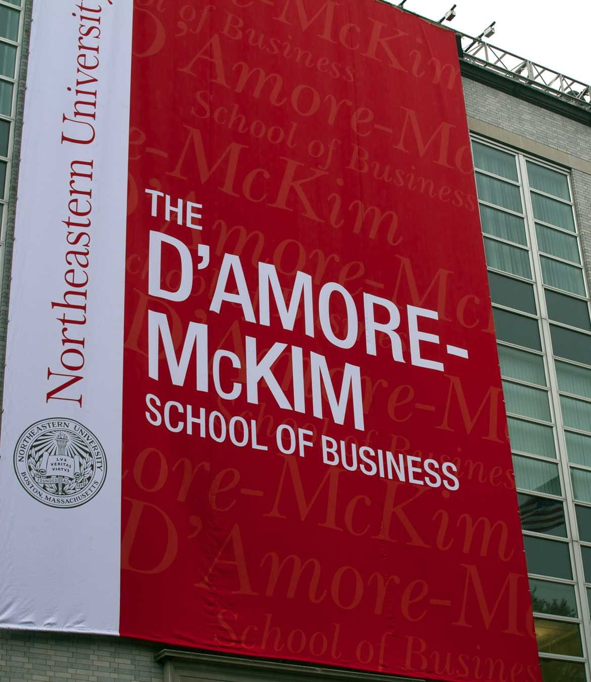 D'amore-mckim banner hanging from dodge hall